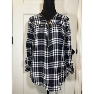 New Look Plaid Shirt Dress Womens Medium Long Sleeve‎ Zip Up Black White Casual